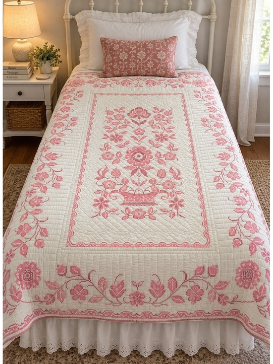 Other - Vintage Handmade Pink Flora Hand Cross Stitch Hand Quilted Twin Quilt (cp21/tb1)